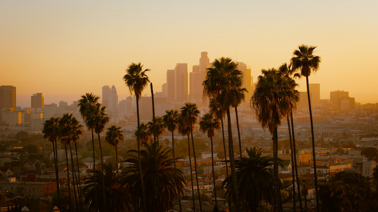 Palm trees silhouetted against the Downtown Los Angeles skyline in golden evening light.
